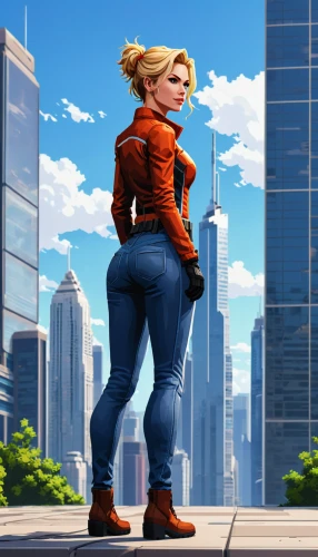 heavy object,gigantic,asuka langley soryu,city ​​portrait,two-point-ladybug,superhero background,moc chau hill,girl from behind,city view,super heroine,world digital painting,cg artwork,digital compositing,disney baymax,big city,game art,engineer,big apple,female worker,sprint woman,Photography,General,Realistic