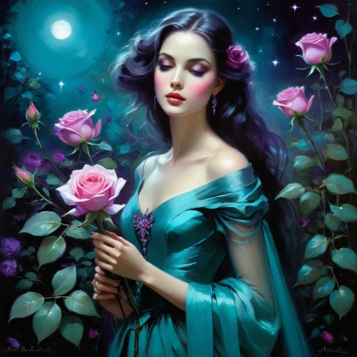 blue moon rose,rosa 'the fairy,blue rose,scent of roses,romantic rose,moonflower,with roses,jasmine blossom,fantasy portrait,purple rose,fantasy picture,romantic portrait,wild roses,splendor of flowers,rose flower illustration,beautiful girl with flowers,holding flowers,fantasy art,rosa ' the fairy,bright rose,Illustration,Realistic Fantasy,Realistic Fantasy 16