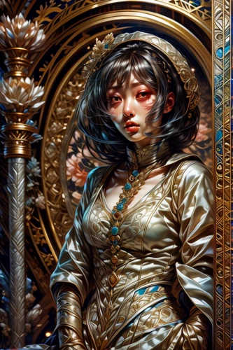 joan of arc,baroque angel,amano,gold lacquer,mary-gold,priestess,seven sorrows,gilding,art nouveau frame,artemisia,the magdalene,the prophet mary,art nouveau frames,gold leaf,fantasy portrait,detail shot,lady justice,golden frame,art nouveau,cepora judith