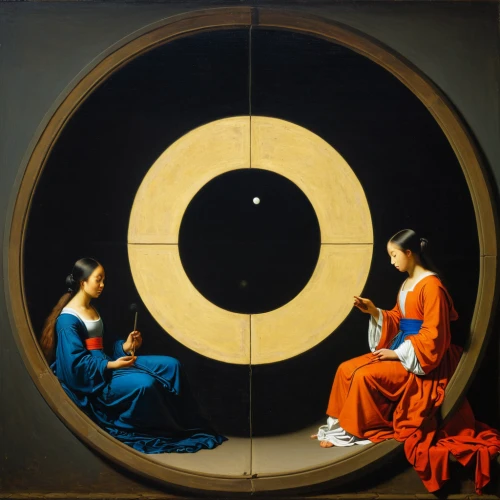 geocentric,porthole,round frame,dartboard,harmonia macrocosmica,copernican world system,parabolic mirror,contemporary witnesses,droste,the annunciation,eight-ball,round window,bulls eye,dart board,orrery,panopticon,yinyang,concentric,target image,klaus rinke's time field,Art,Classical Oil Painting,Classical Oil Painting 41