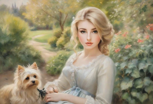 girl with dog,romantic portrait,fantasy portrait,oil painting,fantasy picture,oil painting on canvas,white shepherd,blonde woman,west highland white terrier,girl in the garden,fairy tale character,blonde dog,photo painting,mystical portrait of a girl,cairn terrier,cinderella,english white terrier,carpathian shepherd dog,art painting,the blonde in the river
