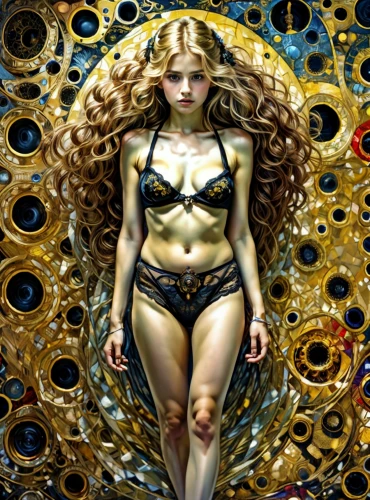 venus,aphrodite,medusa,the enchantress,fantasy woman,botticelli,golden apple,fantasy art,solar plexus chakra,mary-gold,golden wreath,golden haired,siren,gold filigree,golden crown,blonde woman,gold foil mermaid,shaper,background ivy,gorgon