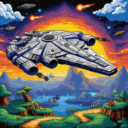 millenium falcon,x-wing,star ship,starship,victory ship,cg artwork,delta-wing,pixel art,tie-fighter,starwars,star wars,shuttle,spaceships,space ships,fast space cruiser,turbografx-16,carrack,vulcania,tie fighter,falcon,Unique,Pixel,Pixel 05