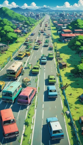 city highway,roads,studio ghibli,highway roundabout,road,roundabout,roadside,intersection,darjeeling,highway,hairpins,the road,neighborhood,bus stop,suburbs,crossroad,busstop,racing road,bus,small towns,Illustration,Japanese style,Japanese Style 03