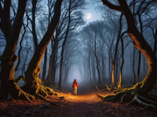 red riding hood,little red riding hood,the mystical path,hollow way,forest path,forest walk,red coat,haunted forest,world digital painting,the path,the woods,fantasy picture,forest of dreams,forest background,girl walking away,enchanted forest,sci fiction illustration,forest road,pathway,the forest