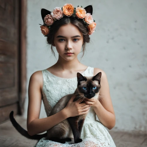 beautiful girl with flowers,vintage cat,vintage boy and girl,flower girl,cute cat,vintage girl,flower crown,flower cat,russian folk style,cat lovers,romantic portrait,girl in flowers,cat ears,vintage children,girl in a wreath,child portrait,vintage cats,siamese cat,kitten,holding flowers,Photography,Documentary Photography,Documentary Photography 08
