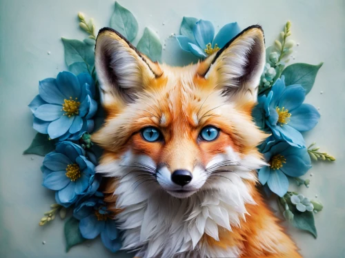 garden-fox tail,a fox,flower painting,cute fox,red fox,fox,adorable fox,redfox,child fox,flower animal,watercolour fox,little fox,foxes,flower art,fabric painting,fauna,canidae,kit fox,floral background,animal portrait,Illustration,Realistic Fantasy,Realistic Fantasy 15