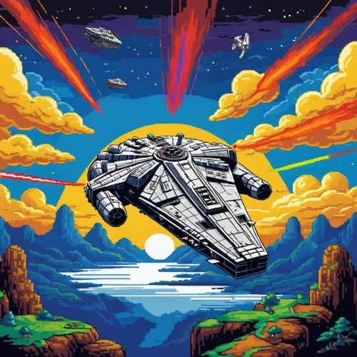 millenium falcon,x-wing,tie-fighter,star ship,tie fighter,starwars,victory ship,spaceships,starship,delta-wing,star wars,pixel art,space ships,cg artwork,falcon,space ship,turbografx-16,shuttle,ufo intercept,spacecraft,Unique,Pixel,Pixel 05