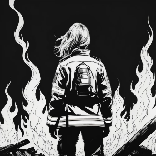 jacket,fire background,firefighter,woman fire fighter,burning hair,jean jacket,city in flames,fire fighter,burn down,lucus burns,would a background,wildfire,leather jacket,clary,katniss,burning,windbreaker,flammable,gasoline,my hero academia,Illustration,Black and White,Black and White 12