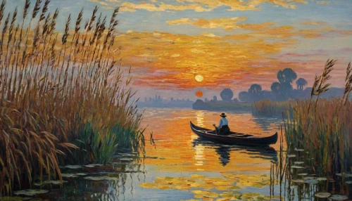 boat landscape,claude monet,fishermen,fishing float,lev lagorio,row boat,oil painting,fisherman,oil painting on canvas,evening lake,danube delta,river landscape,idyll,canoe,gondolas,khokhloma painting,gondolier,dutch landscape,people fishing,row boats,Photography,General,Natural