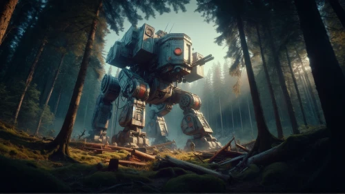 mecha,forest man,mech,digital compositing,sci fiction illustration,forest animal,fantasy picture,photomanipulation,forest background,forest beetle,photo manipulation,bolt-004,the wanderer,danbo,bot,the forest fell,in the forest,cg artwork,world digital painting,b3d