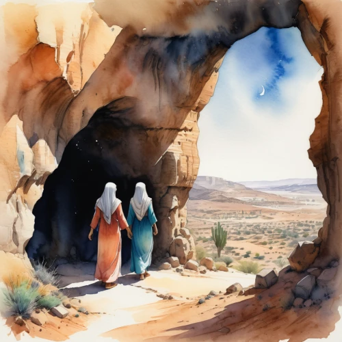 empty tomb,qumran caves,bedouin,church painting,genesis land in jerusalem,al siq canyon,qumran,nativity,nativity of jesus,dead sea scroll,judaean desert,watercolor background,pilgrims,watercolor painting,desert landscape,woman at the well,the twelve apostles,cave church,dead sea scrolls,st catherine's monastery,Illustration,Paper based,Paper Based 25