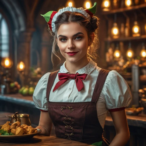 waitress,girl in the kitchen,christmas menu,barmaid,czech cuisine,barista,christmas elf,girl with bread-and-butter,elves,elves flight,oktoberfest background,viennese cuisine,restaurants online,bistro,woman holding pie,waiting staff,elf,cooking book cover,mystic light food photography,oktoberfest celebrations,Photography,General,Fantasy