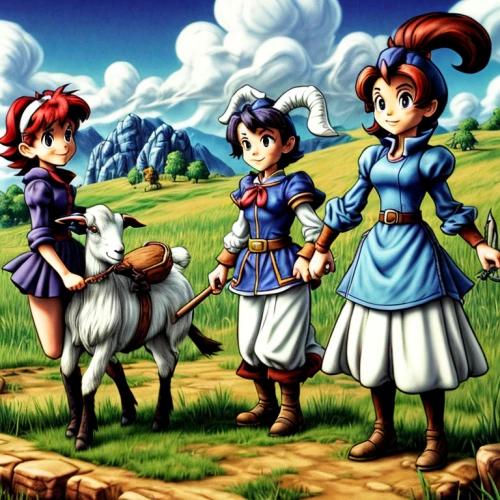 cow-goat family,dwarf sheep,adventure game,pony farm,shoun the sheep,action-adventure game,east-european shepherd,game characters,sheep knitting,childhood friends,game illustration,two sheep,farm animals,wool sheep,magical adventure,oxen,domestic goats,mountain cows,horned cows,children's background