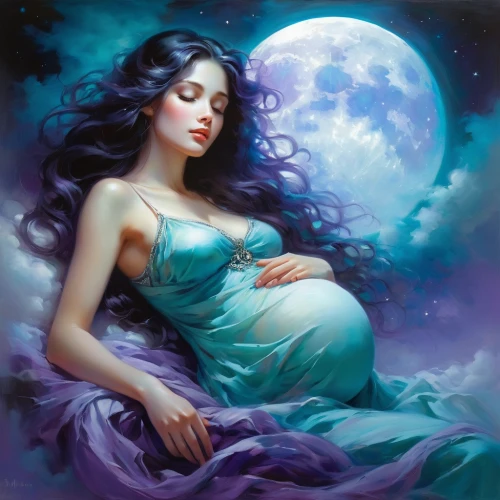 blue moon rose,pregnant woman icon,maternity,blue moon,capricorn mother and child,pregnant woman,purple moon,mother earth,newborn,star mother,motherhood,belly painting,pregnant women,fantasy picture,the sleeping rose,pregnant girl,childbirth,mother kiss,moonflower,mother,Conceptual Art,Oil color,Oil Color 03