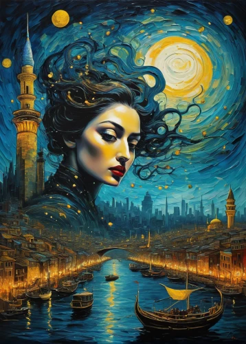oil painting on canvas,fantasy art,the carnival of venice,art painting,fantasy picture,italian painter,queen of the night,moonlit night,persian poet,blue moon rose,night scene,girl on the river,mystical portrait of a girl,world digital painting,blue moon,oil painting,gypsy soul,venetia,dreamland,meticulous painting,Conceptual Art,Daily,Daily 14