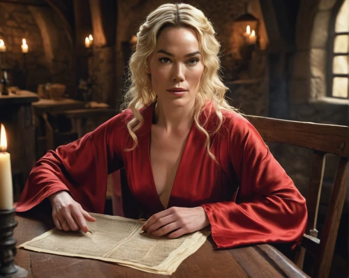 sarah walker,yvonne strahovski,librarian,red tunic,candlemaker,red coat,orange robes,binding contract,brie,red gown,bokah,female doctor,a woman,blonde woman reading a newspaper,scholar,game of thrones,barmaid,parchment,bookworm,laurel,Photography,General,Realistic