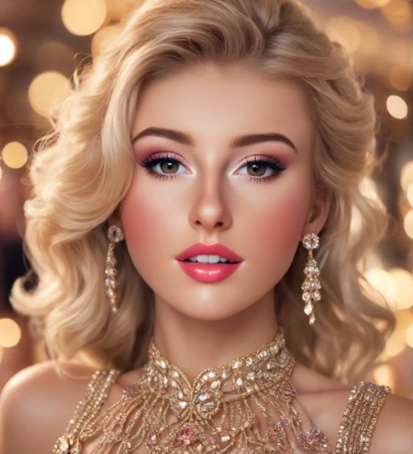 vintage makeup,realdoll,romantic look,jeweled,gold jewelry,barbie doll,women's cosmetics,bridal jewelry,glamour girl,doll's facial features,beauty face skin,beautiful model,model beauty,retouching,beautiful young woman,make-up,glittering,makeup,glamor,eyes makeup