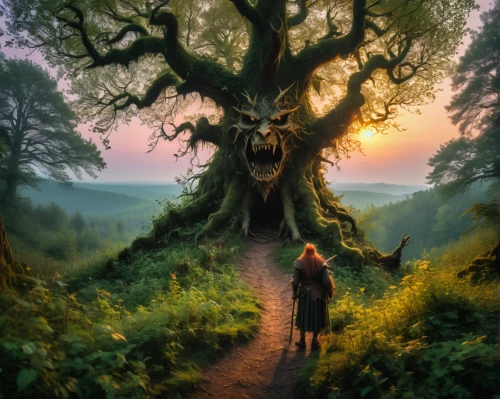 hobbiton,celtic tree,magic tree,tree of life,fantasy picture,girl with tree,enchanted forest,elven forest,fairytale forest,the mystical path,a fairy tale,fairy forest,the dark hedges,jrr tolkien,druid grove,oak tree,forest tree,fairy tale,old tree,the girl next to the tree,Conceptual Art,Fantasy,Fantasy 31