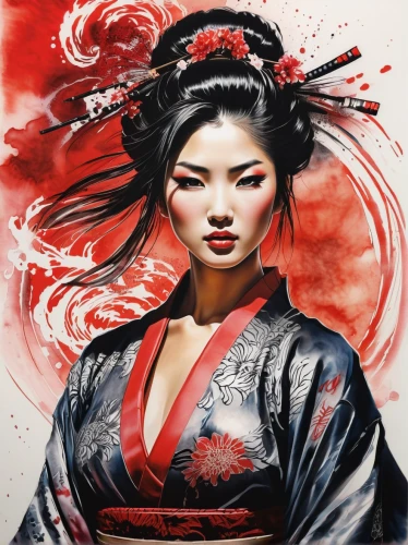 geisha girl,geisha,mulan,chinese art,japanese art,oriental princess,red lantern,oriental girl,katana,oriental,oriental painting,samurai,asian woman,japanese woman,samurai fighter,yi sun sin,asian culture,asian vision,plum blossoms,taiwanese opera,Illustration,Paper based,Paper Based 03