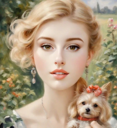 girl with dog,fantasy portrait,romantic portrait,portrait of a girl,vintage girl,blonde woman,vintage boy and girl,fairy tale character,vintage woman,girl in flowers,vintage female portrait,blond girl,girl portrait,mystical portrait of a girl,young woman,portrait background,fantasy picture,cinderella,blonde dog,blonde girl
