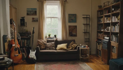 the living room of a photographer,livingroom,living room,one-room,sitting room,playing room,reading room,danish room,home interior,one room,hallway space,bedroom,interiors,great room,bookshelves,an apartment,bookcase,shared apartment,apartment,guestroom,Photography,General,Cinematic