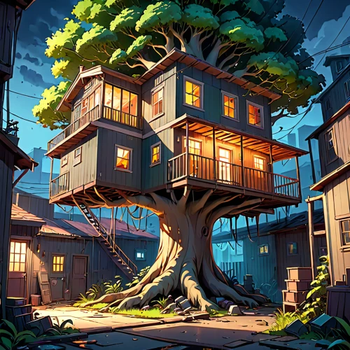 tree house,treehouse,tree house hotel,crooked house,dragon tree,house in the forest,rosewood tree,wooden house,witch's house,tree top,ancient house,monkey island,apartment house,tree's nest,hanging houses,treetop,wooden houses,fig tree,magic tree,timber house,Anime,Anime,General