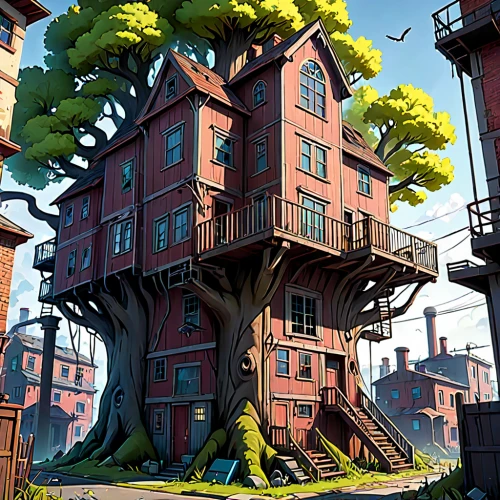 tree house,crooked house,treehouse,tree house hotel,apartment house,hanging houses,wooden house,stilt houses,wooden houses,apartment building,cubic house,crane houses,stilt house,escher village,apartment block,tenement,timber house,witch's house,house in the forest,an apartment,Anime,Anime,General