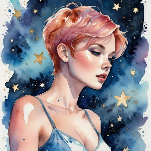 watercolor pin up,starry,starry sky,watercolor mermaid,fairy galaxy,watercolor,watercolor painting,stars,orion,watercolor blue,watercolor paint,the stars,star illustration,constellation,fantasy portrait,constellations,star drawing,horoscope libra,starlight,the snow queen,Illustration,Paper based,Paper Based 25