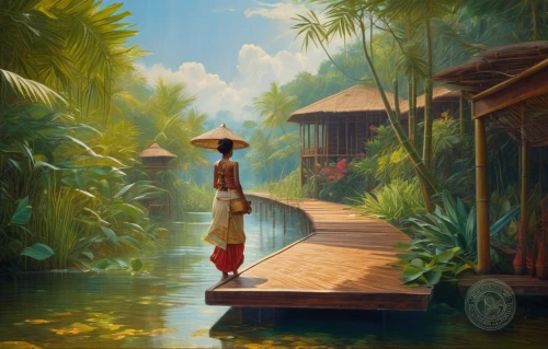 kerala,floating market,vietnam,tropical house,world digital painting,thai,southeast asia,idyllic,cambodia,bali,polynesia,tropical island,tahiti,thailand,backwaters,monkey island,hula,vietnamese woman,wooden bridge,java island,Conceptual Art,Fantasy,Fantasy 05