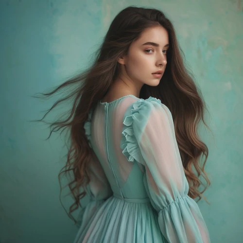 girl in a long dress,a girl in a dress,portrait photography,quinceañera,vintage angel,vintage dress,social,portrait background,mystical portrait of a girl,enchanting,color turquoise,jasmine blue,elegant,vintage lavender background,paloma,turquoise,fairy peacock,light blue,kahila garland-lily,young woman,Photography,Documentary Photography,Documentary Photography 08