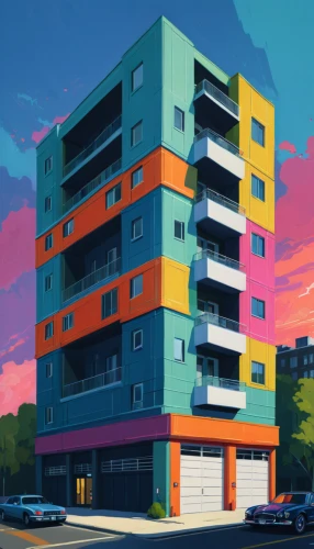 apartment block,apartment building,colorful facade,apartment blocks,apartment complex,apartment buildings,apartment-blocks,apartments,an apartment,sky apartment,block of flats,mixed-use,apartment house,colorful city,cubic house,facade painting,saturated colors,pop art colors,residential tower,multi-storey,Conceptual Art,Fantasy,Fantasy 14