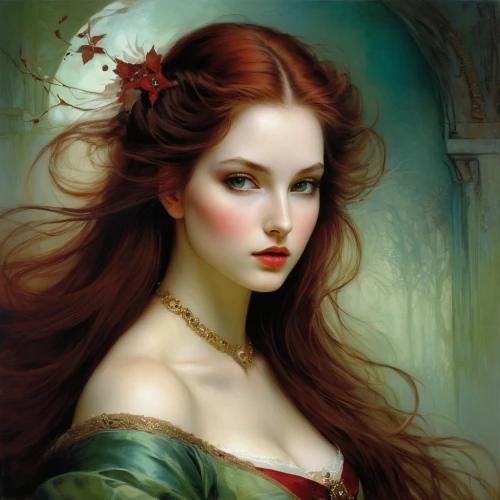 fantasy portrait,romantic portrait,red-haired,mystical portrait of a girl,celtic queen,fantasy art,portrait of a girl,redheads,redhead doll,gothic portrait,faery,young woman,red head,fairy tale character,victorian lady,fantasy woman,girl portrait,redhair,emile vernon,celtic woman,Illustration,Realistic Fantasy,Realistic Fantasy 16