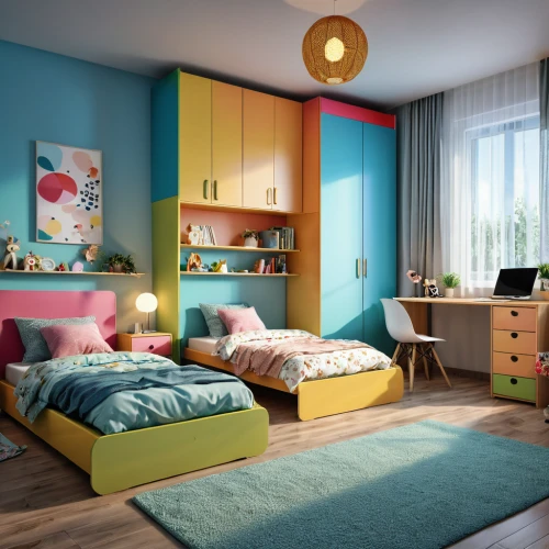 kids room,children's bedroom,modern room,boy's room picture,the little girl's room,rainbow color palette,modern decor,children's room,3d rendering,shared apartment,bedroom,colorful bleter,great room,an apartment,baby room,interior decoration,room divider,interior design,color wall,danish room,Photography,General,Realistic