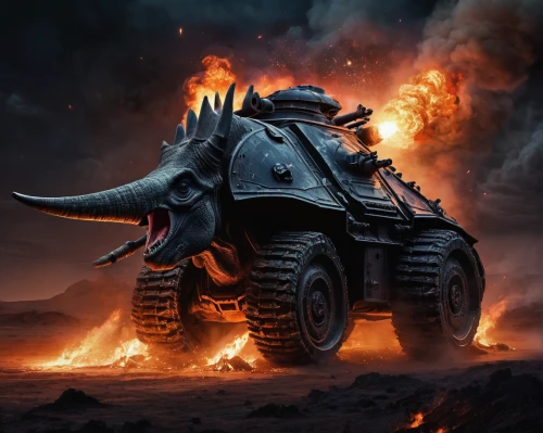 warthog,firebrat,armored animal,rhino,extinction,new vehicle,petrol-bowser,fuel-bowser,armored vehicle,mad max,steam icon,all-terrain vehicle,war machine,triceratops,artillery tractor,black rhinoceros,erbore,combat vehicle,dung beetle,apocalypse,Conceptual Art,Fantasy,Fantasy 34