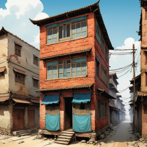 kathmandu,slums,bukchon,slum,wooden houses,old buildings,stone town,asian architecture,nepal,stilt houses,world digital painting,hanging houses,dilapidated building,hanoi,old houses,mud village,chinese architecture,blocks of houses,narrow street,block of houses,Illustration,Paper based,Paper Based 07