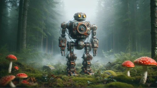 forest man,mech,mecha,digital compositing,coral guardian,droid,b3d,forest mushroom,cinema 4d,sci fi,mushroom landscape,sci - fi,sci-fi,scifi,bot,cartoon forest,the forest,photomanipulation,minibot,forest animal