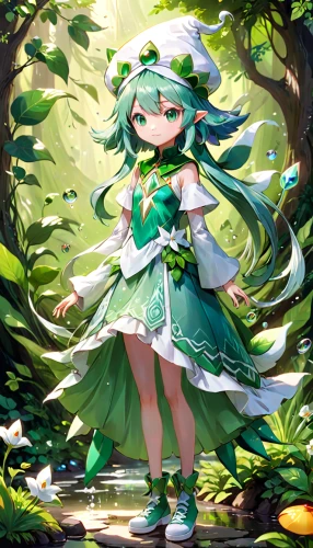 rusalka,water-the sword lily,dryad,forest background,vocaloid,marie leaf,lilly of the valley,gaia,green-tailed emerald,patrol,hatsune miku,anahata,umiuchiwa,emerald,green aurora,chlorophyll,tiki,navi,spring leaf background,fae,Anime,Anime,General