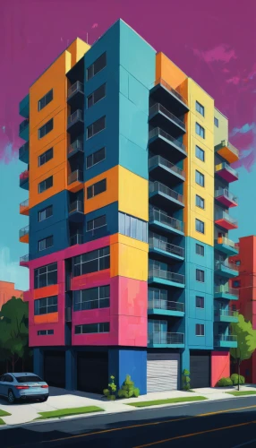 apartment block,apartment building,colorful facade,apartment blocks,apartment complex,colorful city,apartment buildings,apartment-blocks,apartments,block of flats,apartment house,an apartment,mixed-use,saturated colors,pop art colors,sky apartment,facade painting,house painting,condominium,bulding,Conceptual Art,Fantasy,Fantasy 14