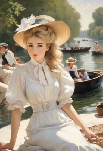 girl on the boat,girl on the river,the blonde in the river,the sea maid,vintage women,vintage art,white lady,femininity,emile vernon,girl in a historic way,vintage woman,on the river,the victorian era,rowboats,southern belle,laundress,motor boat race,universal exhibition of paris,floating on the river,regatta