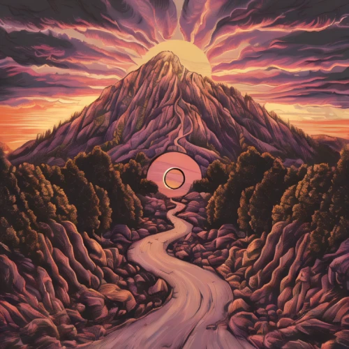 mountain sunrise,fire mountain,alpine sunset,the mystical path,the spirit of the mountains,mountain road,3-fold sun,mountain highway,volcano,mountain spirit,mountain pass,winding road,mountain world,pachamama,solstice,stratovolcano,mountain,5 dragon peak,psychedelic art,purple landscape