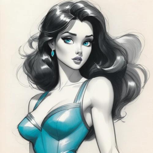jasmine blue,jasmine,watercolor pin up,retro pin up girl,pin-up girl,pinup girl,retro girl,pin up girl,holly blue,pin up,cyan,pin ups,retro woman,jasmine blossom,pin-up,elsa,teal,copic,blue hawaii,turquoise,Illustration,Black and White,Black and White 30