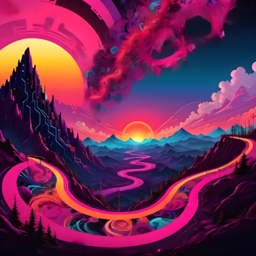 winding road,mountain sunrise,acid lake,colorful spiral,winding roads,volcano,alien planet,panoramical,alien world,futuristic landscape,mountains,mountain road,swirls,mountain world,fantasy landscape,flow of time,psychedelic art,fire mountain,volcanic landscape,alpine sunset