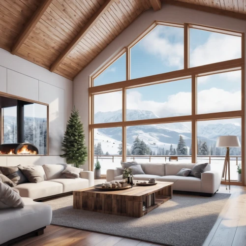 winter house,alpine style,modern living room,chalet,scandinavian style,the cabin in the mountains,living room,ski resort,snow house,snowhotel,livingroom,house in the mountains,winter window,luxury home interior,family room,beautiful home,snow roof,house in mountains,wooden beams,wooden windows,Photography,General,Realistic