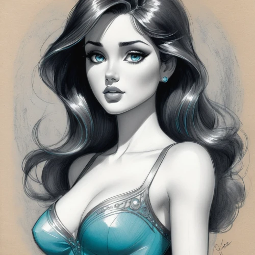 jasmine blue,jasmine,retro pin up girl,watercolor pin up,holly blue,pin-up girl,jasmine blossom,blue hydrangea,pinup girl,pin up girl,water pearls,turquoise,blue mint,elsa,digital painting,gardenia,teal,fantasy portrait,blue enchantress,blue hawaii,Illustration,Black and White,Black and White 30