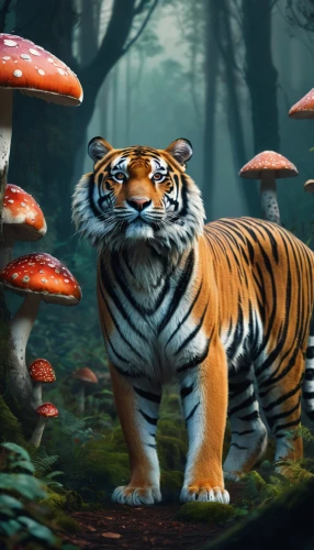 mushroom landscape,forest mushroom,forest animals,fantasy picture,forest animal,woodland animals,3d fantasy,a tiger,tigers,tiger,world digital painting,fantasy art,tigerle,agaric,agaricaceae,fungal science,photomanipulation,forest mushrooms,whimsical animals,photoshop manipulation,Conceptual Art,Fantasy,Fantasy 02