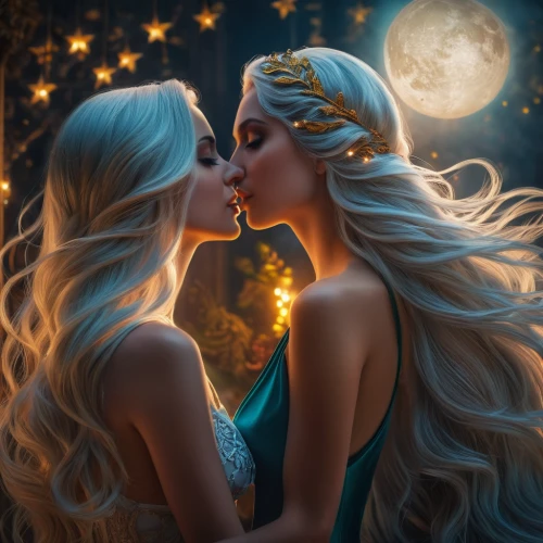 the moon and the stars,girl kiss,fantasy picture,blue moon rose,moon and star,celtic woman,celestial bodies,fairytales,kissing,amorous,fantasy art,sun and moon,stars and moon,a fairy tale,believe in mermaids,first kiss,fairy tale,romantic portrait,romantic night,magical moment,Photography,General,Fantasy