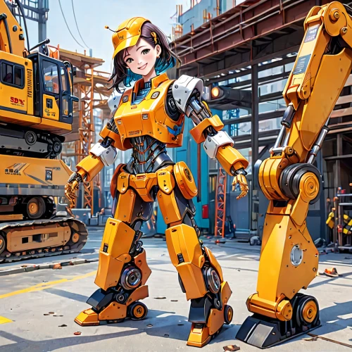 dewalt,bumblebee,yellow machinery,industrial robot,robotics,heavy object,engineer,women in technology,construction machine,heavy machinery,road roller,two-way excavator,asuka langley soryu,tracer,transformers,minibot,mech,female worker,mechanical engineering,construction equipment,Anime,Anime,General
