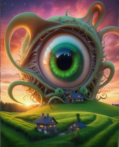 cosmic eye,eye ball,surrealism,eye,eyeball,all seeing eye,peacock eye,fantasy art,psychedelic art,the eyes of god,fantasy picture,fractals art,robot eye,3d fantasy,skywatch,argus,anahata,third eye,surrealistic,one eye monster,Illustration,Realistic Fantasy,Realistic Fantasy 02