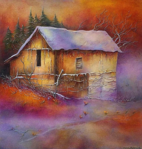 winter house,purple landscape,home landscape,cottage,country cottage,lonely house,winter landscape,house in the forest,rustic,wooden hut,fisherman's house,red barn,autumn landscape,log cabin,wooden house,farmhouse,carol colman,woman house,oil painting on canvas,summer cottage,Conceptual Art,Daily,Daily 32